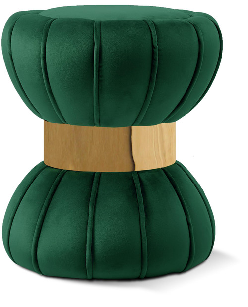 Vino Collection Modern | Contemporary Velvet Upholstered Hourglass Shaped Ottoman/Stool with Gold Finished Stainless Steel Band, 15.5" W x 15.5" D x 17" H, Green