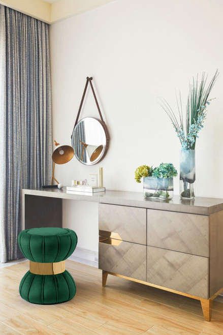 Vino Collection Modern | Contemporary Velvet Upholstered Hourglass Shaped Ottoman/Stool with Gold Finished Stainless Steel Band, 15.5" W x 15.5" D x 17" H, Green