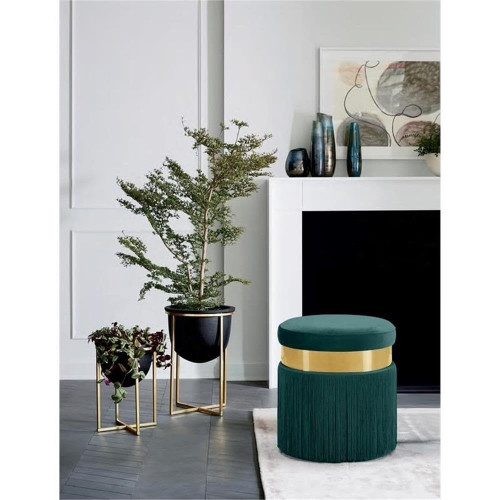 Green Yasmine Collection Modern | Contemporary Velvet Upholstered Ottoman/Stool with Gold Finished Stainless Steel Band, 15.5" W x 15.5" D x 17.5" H, Green