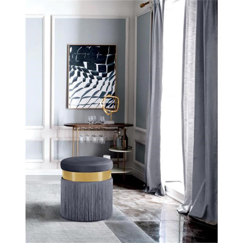 Grey Yasmine Collection Modern | Contemporary Velvet Upholstered Ottoman/Stool with Gold Finished Stainless Steel Band, 15.5" W x 15.5" D x 17.5" H, Grey