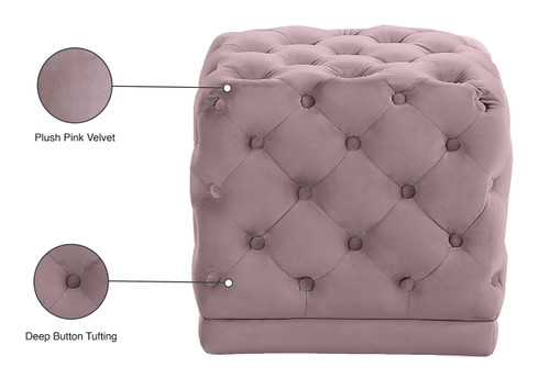 Stella Collection Modern | Contemporary Velvet Upholstered Ottoman / Stool with Deep Button Tufting and Solid Wood Frame, Pink, 18" W x 18" D x 17" H