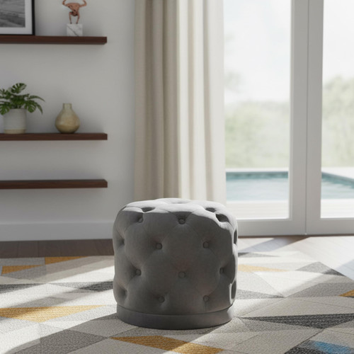Harper Collection Modern | Contemporary Velvet Upholstered Ottoman/Stool with Deep Button Tufting, Solid Wood Frame, Grey, 18" W x 18" D x 17" H