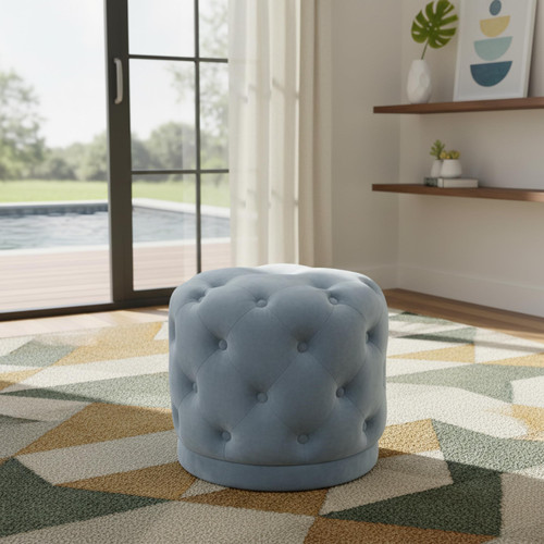 Harper Collection Modern | Contemporary Velvet Upholstered Ottoman/Stool with Deep Button Tufting, Solid Wood Frame, Sky Blue, 18" W x 18" D x 17" H