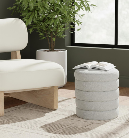 Cream Collection Modern | Contemporary Boucle Fabric Upholstered Ottoman with Deep Channel Tufting, Cream, Doubles as a Stool, 15" W x 15" D x 15" H, Cream
