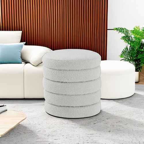 Cream Collection Modern | Contemporary Boucle Fabric Upholstered Ottoman with Deep Channel Tufting, Cream, Doubles as a Stool, 15" W x 15" D x 15" H, Cream