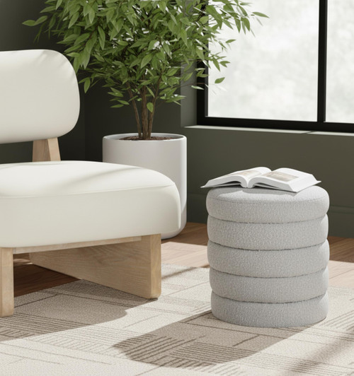 Grey Collection Modern | Contemporary Boucle Fabric Upholstered Ottoman with Deep Channel Tufting, Grey, Doubles as a Stool, 15" W x 15" D x 15" H, Grey
