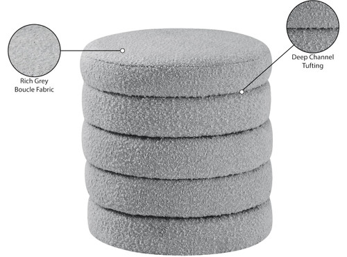 Grey Collection Modern | Contemporary Boucle Fabric Upholstered Ottoman with Deep Channel Tufting, Grey, Doubles as a Stool, 15" W x 15" D x 15" H, Grey