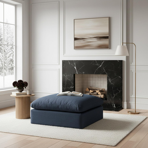 Navy-Ott Comfy Collection Modern | Contemporary Upholstered Ottoman, Rich Navy Durable Linen Textured Fabric, Down Feather Cushions, 39" W x 40" D x 20" H, Navy