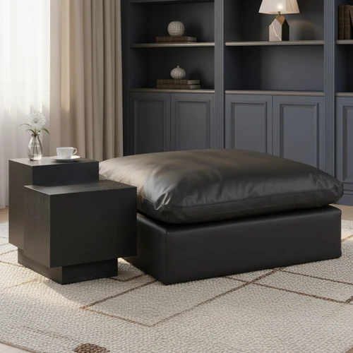 Black-Ott Comfy Collection Modern | Contemporary Vegan Leather Upholstered Ottoman, Soft Black Vegan Leather, Fiber-Filled, 39" W x 40" D x 20" H, Black