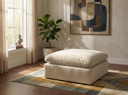 Cream-Ott Comfy Collection Modern | Contemporary Velvet Upholstered Ottoman with Soft Cream Velvet, Down Feather Cushions, 39" W x 40" D x 20" H, Cream