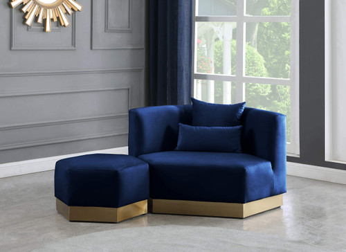 Marquis Collection Modern | Contemporary Velvet Upholstered Ottoman with Stainless Steel Base in Brushed Gold Finish, 26.75"" W x 26.75"" D x 17"" H, Navy (600Navy-Ott)