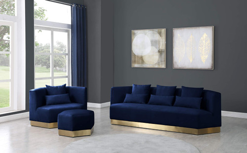 Marquis Collection Modern | Contemporary Velvet Upholstered Ottoman with Stainless Steel Base in Brushed Gold Finish, 26.75"" W x 26.75"" D x 17"" H, Navy (600Navy-Ott)