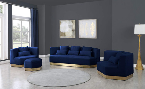 Marquis Collection Modern | Contemporary Velvet Upholstered Ottoman with Stainless Steel Base in Brushed Gold Finish, 26.75"" W x 26.75"" D x 17"" H, Navy (600Navy-Ott)