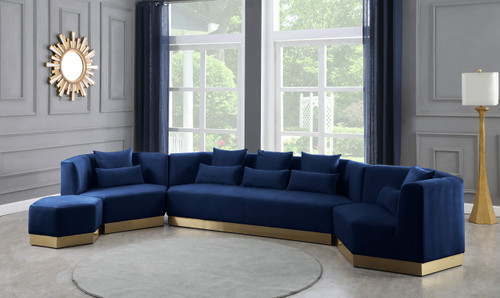 Marquis Collection Modern | Contemporary Velvet Upholstered Ottoman with Stainless Steel Base in Brushed Gold Finish, 26.75"" W x 26.75"" D x 17"" H, Navy (600Navy-Ott)