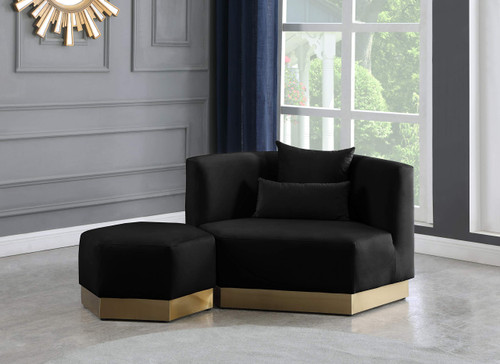 Marquis Collection Modern | Contemporary Velvet Upholstered Ottoman with Stainless Steel Base in Brushed Gold Finish, 26.75" W x 26.75" D x 17" H, Black, 600Black-Ott
