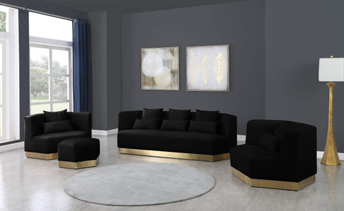 Marquis Collection Modern | Contemporary Velvet Upholstered Ottoman with Stainless Steel Base in Brushed Gold Finish, 26.75" W x 26.75" D x 17" H, Black, 600Black-Ott