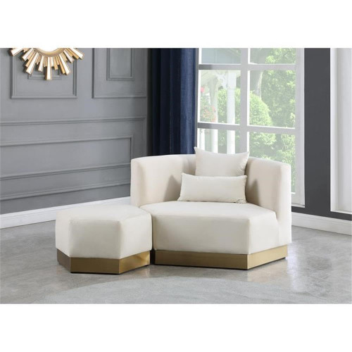 Marquis Collection Modern | Contemporary Velvet Upholstered Ottoman with Stainless Steel Base in Brushed Gold Finish, 26.75" W x 26.75" D x 17" H, Cream, 600Cream-Ott