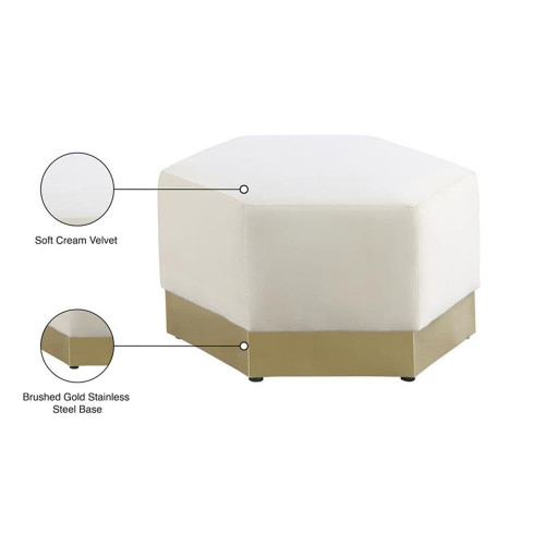 Marquis Collection Modern | Contemporary Velvet Upholstered Ottoman with Stainless Steel Base in Brushed Gold Finish, 26.75" W x 26.75" D x 17" H, Cream, 600Cream-Ott
