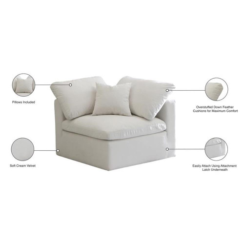Cream-Corner Plush Collection Contemporary Down Filled Comfort Overstuffed Velvet Upholstered Modular Component Corner Cream
