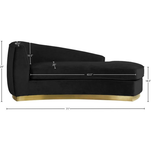 Julian Collection Modern | Contemporary Velvet Upholstered Chaise with Stainless Steel Base in Rich Gold Finish, Black, 70" W x 39" D x 28" H