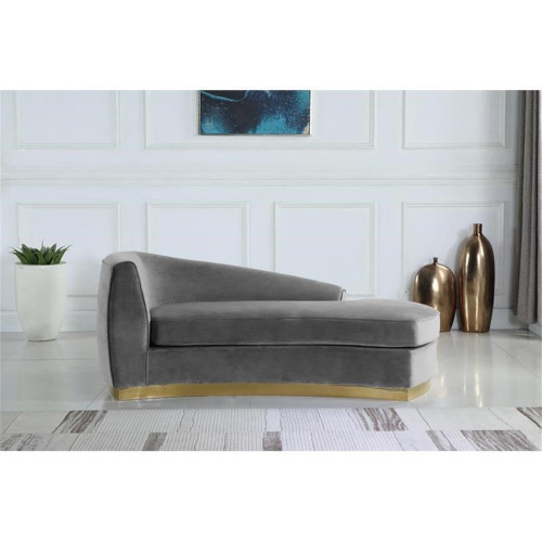 Julian Collection Modern | Contemporary Velvet Upholstered Chaise with Stainless Steel Base in Rich Gold Finish, Grey, 70" W x 39" D x 28" H