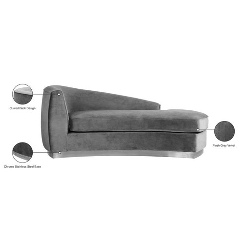Julian Collection Modern | Contemporary Velvet Upholstered Chaise with Stainless Steel Base in Polished Chrome Finish, Grey, 71" W x 40.5" D x 29" H