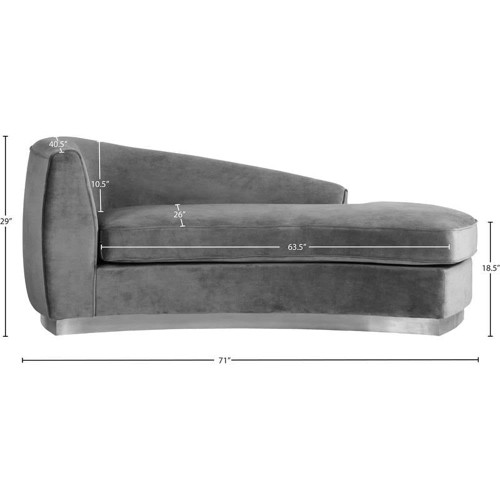 Julian Collection Modern | Contemporary Velvet Upholstered Chaise with Stainless Steel Base in Polished Chrome Finish, Grey, 71" W x 40.5" D x 29" H