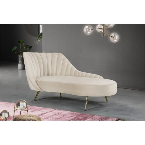 Margo Collection Modern | Contemporary Velvet Upholstered Chaise with Deep Channel Tufting and Rich Gold Stainless Steel Legs, Cream, 74" W x 37.5" D x 35" H