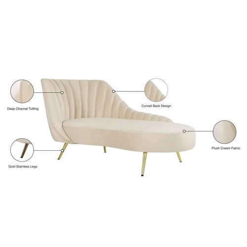 Margo Collection Modern | Contemporary Velvet Upholstered Chaise with Deep Channel Tufting and Rich Gold Stainless Steel Legs, Cream, 74" W x 37.5" D x 35" H