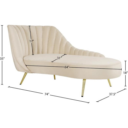 Margo Collection Modern | Contemporary Velvet Upholstered Chaise with Deep Channel Tufting and Rich Gold Stainless Steel Legs, Cream, 74" W x 37.5" D x 35" H