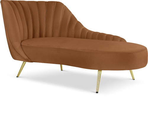Saddle-Chaise Margo Collection Modern | Contemporary Velvet Upholstered Chaise Lounge with Stainless Steel Legs in Rich Gold Finish, Saddle, 74" W x 37.5" D x 35" H