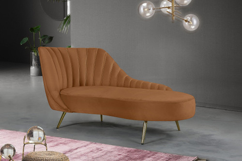 Saddle-Chaise Margo Collection Modern | Contemporary Velvet Upholstered Chaise Lounge with Stainless Steel Legs in Rich Gold Finish, Saddle, 74" W x 37.5" D x 35" H