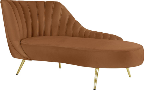 Saddle-Chaise Margo Collection Modern | Contemporary Velvet Upholstered Chaise Lounge with Stainless Steel Legs in Rich Gold Finish, Saddle, 74" W x 37.5" D x 35" H