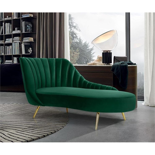 Green-Chaise Margo Collection Modern | Contemporary Velvet Upholstered Chaise Lounge with Stainless Steel Legs in Rich Gold Finish, Green, 74" W x 37.5" D x 35" H