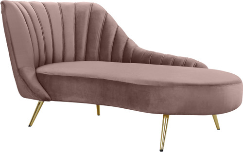 Margo Collection Modern | Contemporary Velvet Upholstered Chaise with Deep Channel Tufting and Rich Gold Stainless Steel Legs, Pink, 74" W x 37.5" D x 35" H