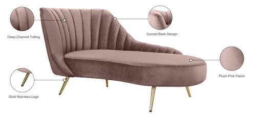 Margo Collection Modern | Contemporary Velvet Upholstered Chaise with Deep Channel Tufting and Rich Gold Stainless Steel Legs, Pink, 74" W x 37.5" D x 35" H