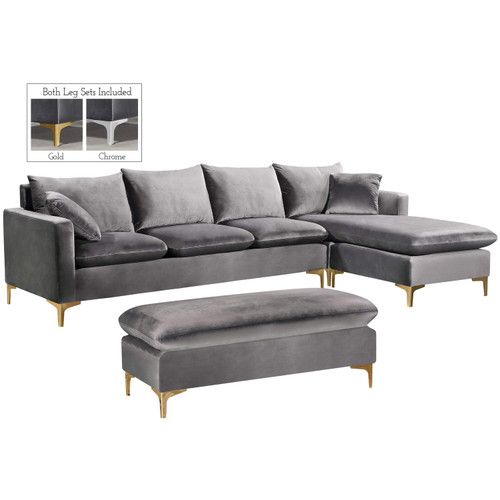 Naomi Collection Modern | Contemporary Grey Velvet Upholstered REVERSIBLE Sectional with Rich Gold or Chrome Legs