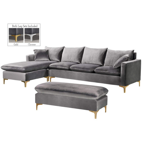 Naomi Collection Modern | Contemporary Grey Velvet Upholstered REVERSIBLE Sectional with Rich Gold or Chrome Legs