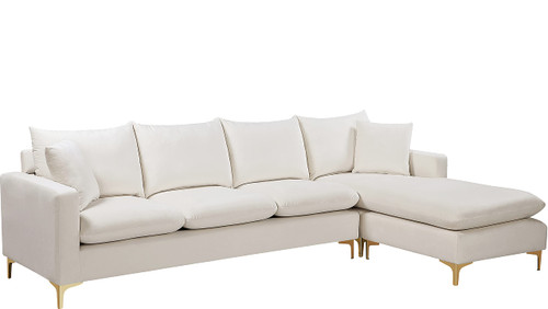 Cream-Sectional Naomi Collection Modern | Contemporary Velvet Upholstered REVERSIBLE Sectional in Rich Gold or Chrome Finish, Cream, 110" W x 66" D x 30" H