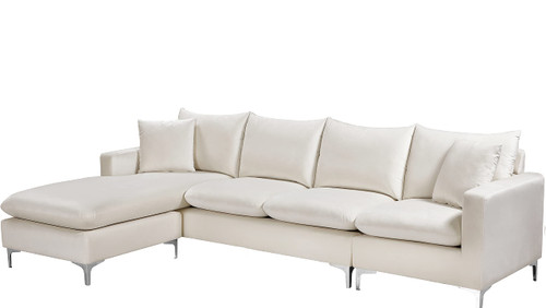 Cream-Sectional Naomi Collection Modern | Contemporary Velvet Upholstered REVERSIBLE Sectional in Rich Gold or Chrome Finish, Cream, 110" W x 66" D x 30" H