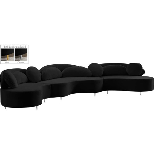 Black-Sectional Vivacious Collection Modern | Contemporary Velvet Upholstered Sectional with Both Gold & Chrome Legs Included