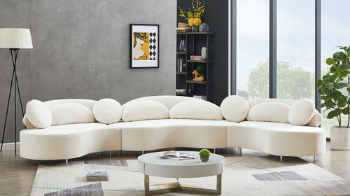 Cream-Sectional Vivacious Collection Modern | Contemporary Velvet Upholstered Sectional with Both Gold & Chrome Legs Included