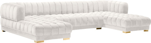 Cream-Sectional Gwen Collection Modern | Contemporary Velvet Upholstered 3 Piece Sectional with Deep Biscuit Tufting, Cream, 143" W x 70" D x 28" H