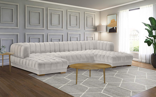 Cream-Sectional Gwen Collection Modern | Contemporary Velvet Upholstered 3 Piece Sectional with Deep Biscuit Tufting, Cream, 143" W x 70" D x 28" H
