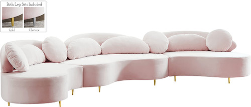 Pink-Sectional Vivacious Collection Modern | Contemporary Velvet Upholstered Sectional with Both Gold & Chrome Legs Included