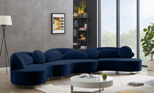 Navy-Sectional Vivacious Collection Modern | Contemporary Velvet Upholstered Sectional with Both Gold & Chrome Legs Included