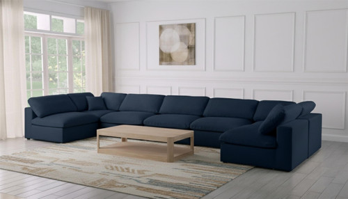 Navy-Sec7B Serene Collection Modern | Contemporary Deluxe Comfort Modular Sectional, Soft Linen Textured Fabric, Down Cushions, 197" W x 79" D x 32" H, Navy