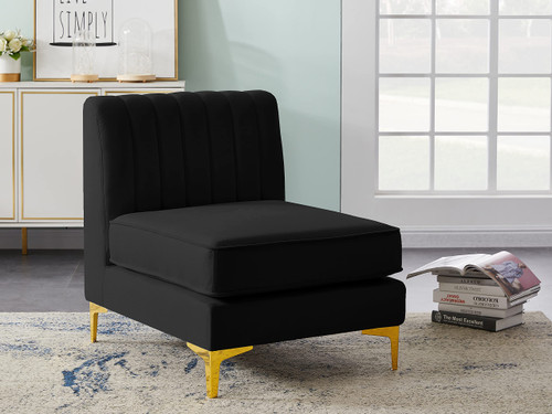 Black-Armless Alina Collection Modern | Contemporary Velvet Upholstered Modular Chair with Deep Channel Tufting, 26" W x 32.5" D x 31" H, Black
