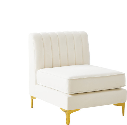 Cream-Armless Alina Collection Modern | Contemporary Velvet Upholstered Modular Chair with Deep Channel Tufting, 26" W x 32.5" D x 31" H, Cream