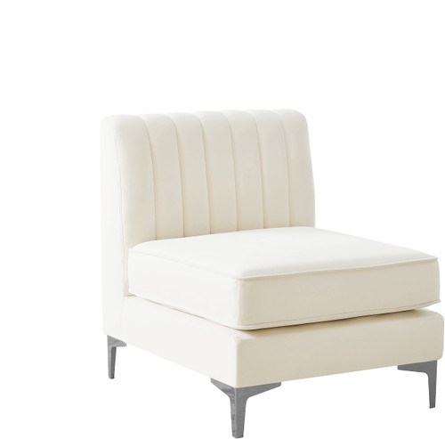 Cream-Armless Alina Collection Modern | Contemporary Velvet Upholstered Modular Chair with Deep Channel Tufting, 26" W x 32.5" D x 31" H, Cream
